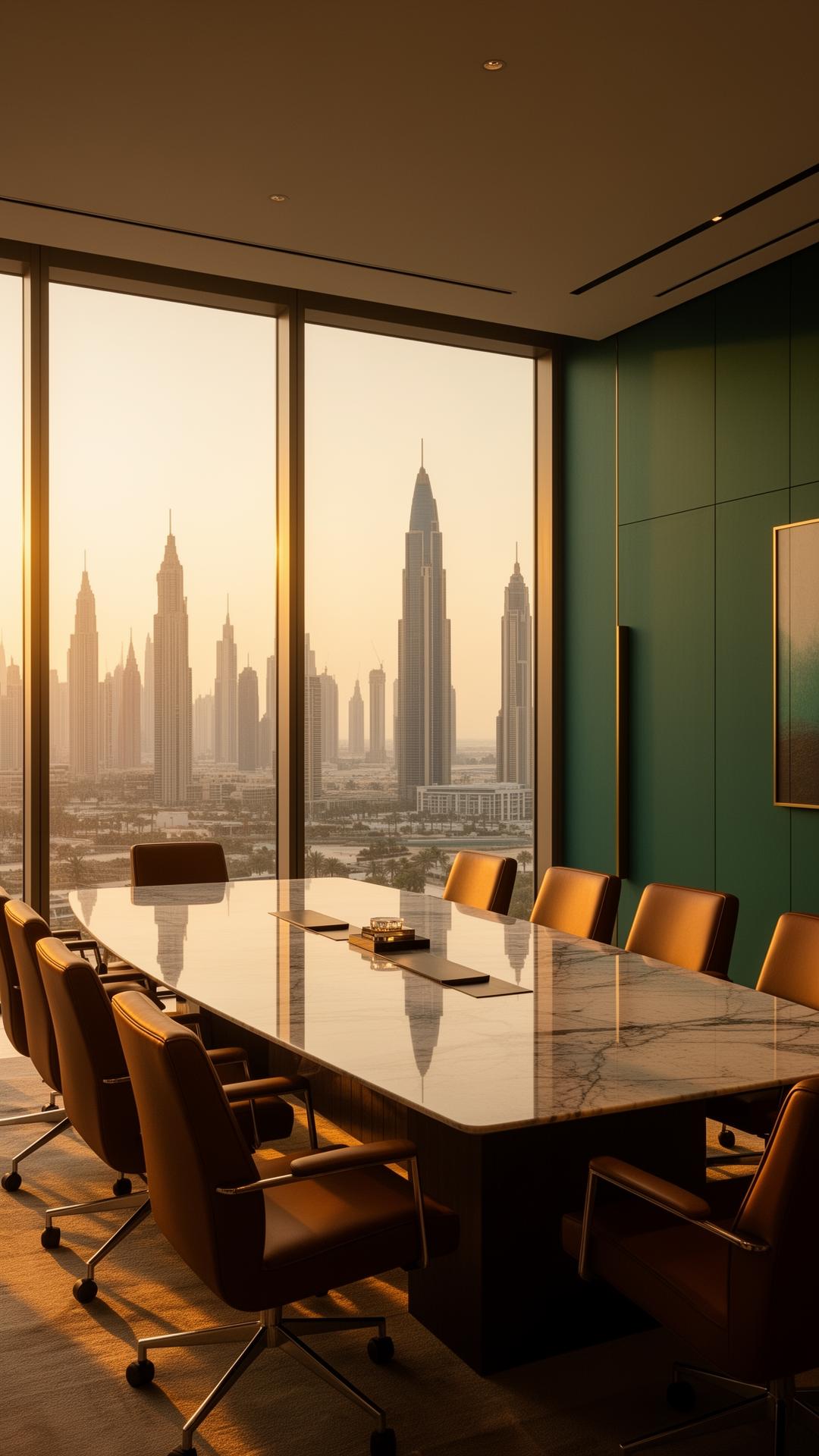 Executive boardroom overlooking the Dubai skyline at golden hour